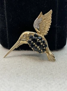 14K Yellow Gold Sapphire & Diamond Hummingbird BIRDIE PIN BROOCH/CHARM PENDANT - Picture 1 of 24