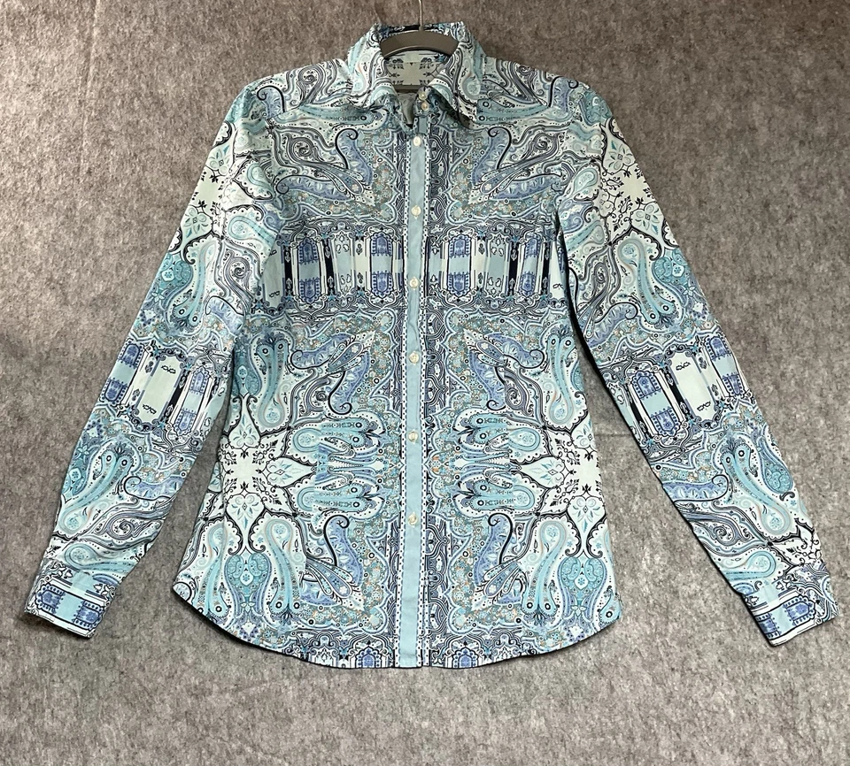 Camisa Etro Mujer Pequeña Azul Geométrica Manga Larga Abotonada Italia 42 Cápsula Top Foto 1 de 4
