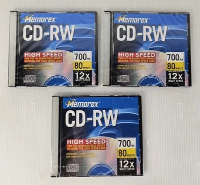 3 MEMOREX CD-RW 3 Pack 12X 700MB 80 Min Compact Discs NEW  - Image 1 of 3