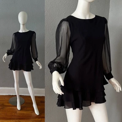 Mini Vestido Vintage Años 80 Negro Manga Transparente Mod Go-Go S/M Foto 1 de 4
