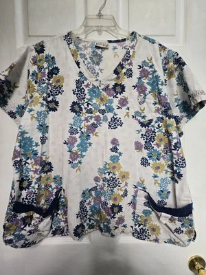 UA Scrubs Scrub Top Size 2XL-Gold/Navy/Purple Floral V-Neck-Chest 28.5"/L 27" - Image 1 of 4