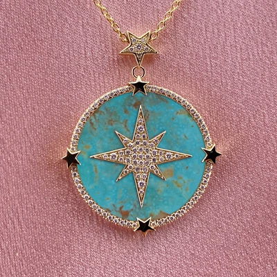 Nuevo Collar de Diamantes de Oro Amarillo 14K - Colgante Estrella del Norte - Turquesa Azul Natural Foto 1 de 4