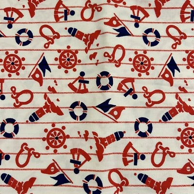 Vintage Duck Fabric Nautical 44in 7/8 yd Lighthouse Pennants Red Blue White - Image 1 of 4