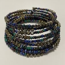 Beaded  memory wire bracelet Antique Gold Color Blue Green Bead ￼