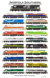 Poster Norfolk Southern Heritage Locomotives 11""x17"" firmato Andy Fletcher - Foto 1 di 1