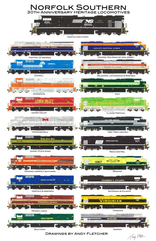 Póster Norfolk Southern Heritage Locomotives 11"x17" firmado por Andy Fletcher Foto 1 de 1