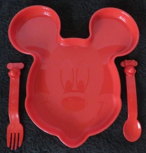 TUPPERWARE Micky Maus Kinderteller mit Besteck  Gabel Löffel - rot - NEU - Bild 1 von 3