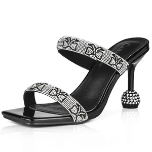 CAMSSOO Women's Rhinestones Heels Sandals Square Open Toe Strappy Slip On Sz. 7 - Picture 1 of 3