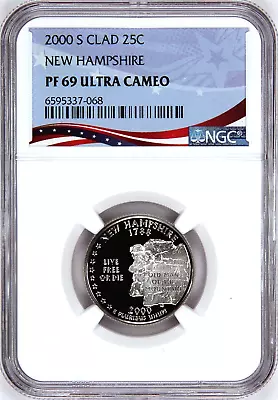 2000-S Proof State Quarter, New Hampshire,  PF69 Ultra Cameo, Patriotic Label - Image 1 of 4