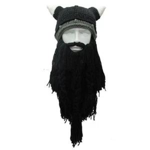Funny Cosplay Men Knitted Viking Beard Horn Hat Ski - Picture 1 of 10