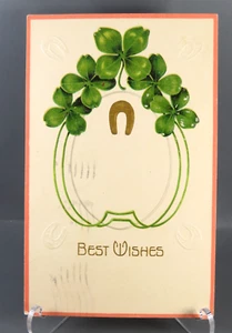 Zapatos de caballo de trébol/trébol en relieve postal de 1913 de colección MEJORES DESEOS buena suerte - Imagen 1 de 5