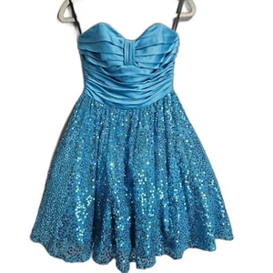 Betsey Johnson Pailletten Ballkleid türkis Satin trägerlos Größe 4 Mini - Bild 1 von 7