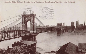 Postcard Suspension Bridge Cincinnati Ohio View From Kentucky Side 1909 - Picture 1 of 2