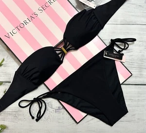 Victoria’s Secret Swim Strappy Minimal Coverage Black Bandeau Bikini Set - Picture 1 of 5