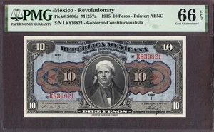 Mexico - Revolutionary 10 Pesos 1915 Pick-S686a M1257a GEM UNC PMG 66 EPQ - Picture 1 of 2