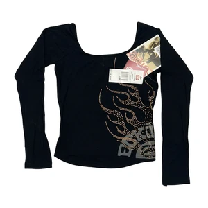 Ecko Red Flaming Boatneck Top Womens XS Black Long Sleeve Studded Y2K Deadstock - Picture 1 of 12