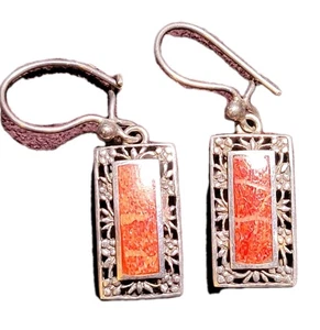 Pendientes colgantes de filigrana rectangulares de coral esponja roja de plata de ley boho 925 - Imagen 1 de 6