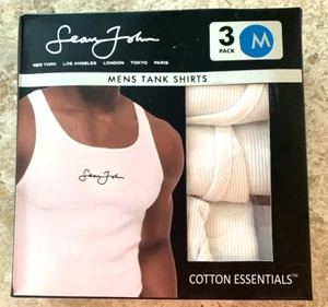 SEAN JOHN Logo 3 Pack Mens Ribbed White Tank Top Shirts Undershirts SIZE M NIB - Picture 1 of 2