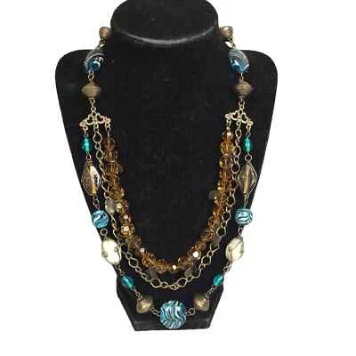 Collar Triple Hilo Con Cuentas Naranja Turquesa Azul Turquesa y Vidrio Artístico Sin Firmar Foto 1 de 4