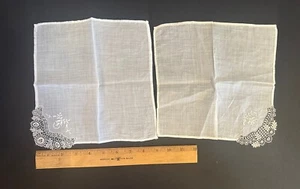 Vintage Set 2 Handmade Brussels Lace Trim Hankies Handkerchief 10” - Picture 1 of 3