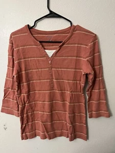 Van Heusen Womens Casual Shirt Pink Striped 3/4 Sleeve V Neck Medium - Picture 1 of 5