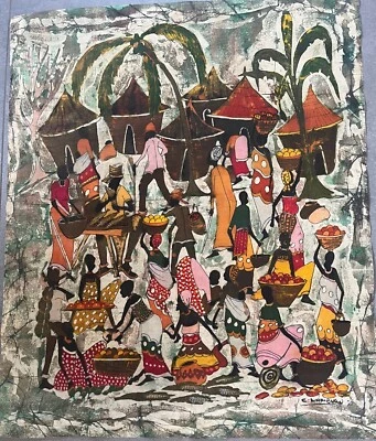 LARGE-WAX BATIK/WALL HANGING~PAINTING/PICTURE~VILLAGE SCENE~NEW~COLOURFUL-Signed - Image 1 of 2