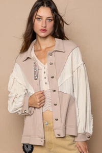 POL Clothing Embroidered Crochet Detail Button-Up Jacket Women's in Beige Cream - Picture 1 of 7