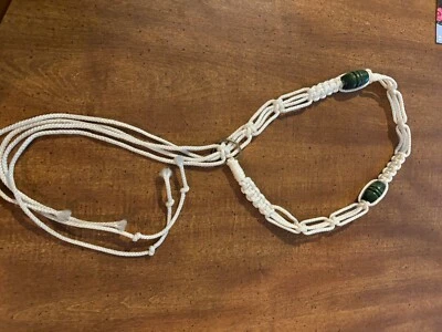 Handmade Vintage Macrame Belt BOHO Retro White Cord  Green Bead Adjustable 25" + - Image 1 of 4