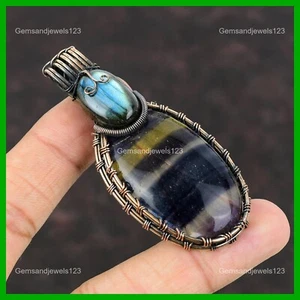 Natural Multi Fluorite Labradorite Wire Wrapped Birthday Ethnic Pendant Copper - Picture 1 of 6