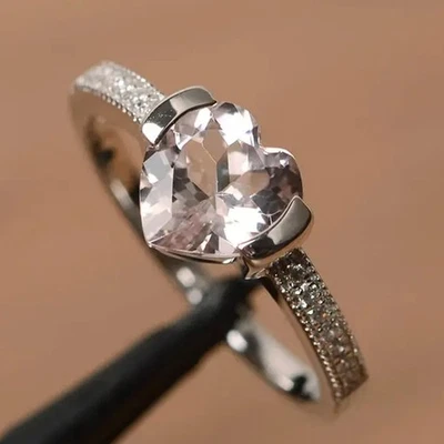 Anillo de piedras preciosas de diamantes morganita natural corte corazón de 3,20 quilates enchapado en oro blanco de 18 quilates Foto 1 de 4