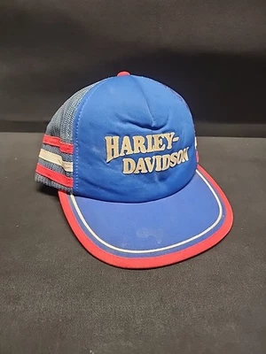 Винтажный HARLEY DAVIDSON красный ~ белый ~ синий 3 полоски бейсболки сетки водитель грузовика шляпа США - Изображение 1 из 4