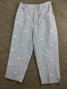 Quacker Factory Pants Womens Medium Blue Gingham Embroidered Daisy Cropped Ankle - Picture 1 of 8