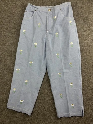 Quacker Factory Pants Womens Medium Blue Gingham Embroidered Daisy Cropped Ankle - Image 1 of 4