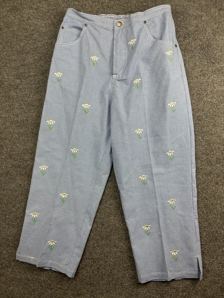 Quacker Factory Pants Womens Medium Blue Gingham Embroidered Daisy Cropped Ankle - Image 1 of 4