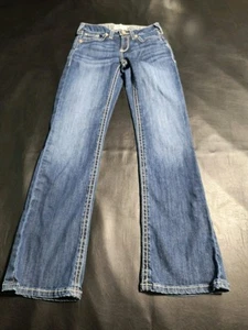 Ariat Jeans Girls 12 Blue Denim Boot CHILLBLUE R.E.A.L. CLOVER 26x30 EUC - Picture 1 of 19