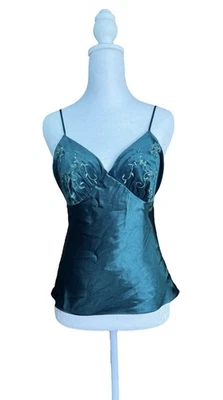 Y2K Green Satin Velvet Floral Embroidered Cami Top Fairycore Romantic Sz M-L - Image 1 of 4