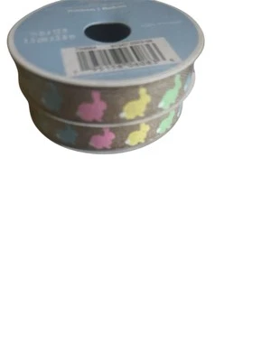 2 Rolls of Easter Ribbon - Burlap-Look Ribbon w/ Colorful Bunnies - 5/8" x 12 ft - Image 1 of 2