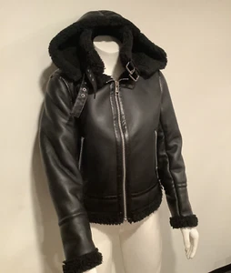 NEW Michael Kors Faux Shearling coat with hood Size XS, black , aviator bomber - Picture 1 of 12