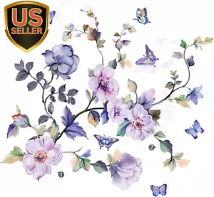 Purple Flower Wall Decals, Removable Fresh Flower Wall Stickers Peel and Stick R - Picture 1 of 8