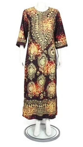 Vtg Batik Print Brown Red w/Gold Embroidery Caftan Maxi Festival Dress sz M /969 - Picture 1 of 5