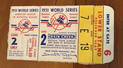 1951 World Series Game 2 Ticket Stub Mickey Mantle Injury 1st WS Hit Win - Image 1 of 2