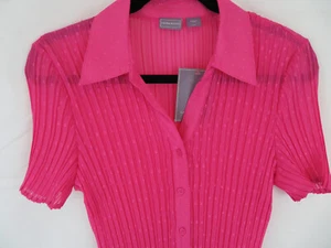 Women’s Laura Scott PINK BLOUSE Top Size L - Button Up V-Neck Collar Crimped NEW - Picture 1 of 8