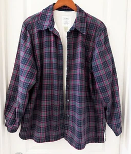 LL Bean Button Down Fleece Lined Flannel Shirt Jacket Shacket Navy Pink sz. XL - Picture 1 of 5