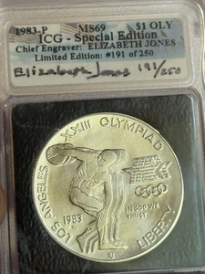 1983 D S$1 OLY Olympic Silver Dollar ICG MS69 Elizabeth Jones Signed EJ 191/250 - Picture 1 of 2