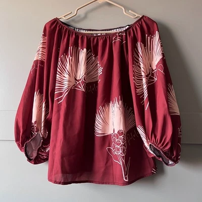 Pulelehua Floral Top Women Small Brown 3/4 Balloon Sleeve Hawaiian Aloha Flowy - Изображение 1 из 4