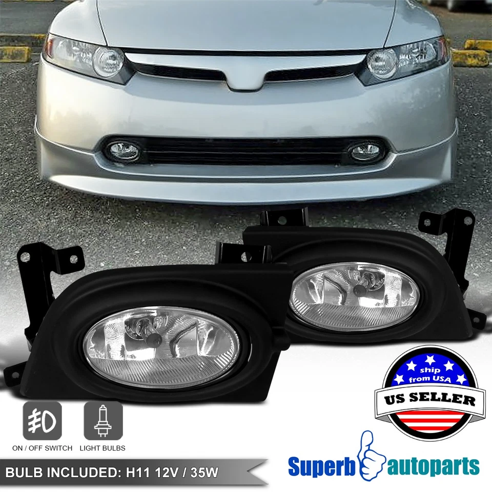Fits 2006-2008 Honda Civic 4Dr Sedan Bumper Fog Lights Driving Lamps+Switch Foto 1 de 4