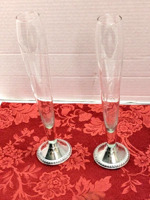 PAR DE BUJONES DE VIDRIO GRABADO CREACIÓN DE BUCEO VINTAGE BASE DE PLATA ESTERLINA PONDERADA Foto 1 de 4