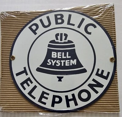 New Sealed-Vintage Original Porcelain 7" Round Bell System Public Telephone Sign - Image 1 of 2