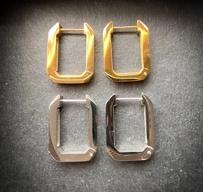 PAIR Rectangle Hoop Earrings 316L Stainless Steel Hinge Action 18g - Image 1 of 4