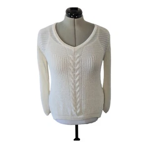 Maglione donna Tu bianco scollo a V maglia a cavo pullover manica lunga taglia 12 - Foto 1 di 10